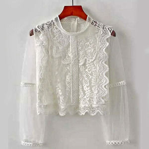 White BOHO Lace Top with Long Mesh Sleeves Crop Summer Blouse One Size RT-01